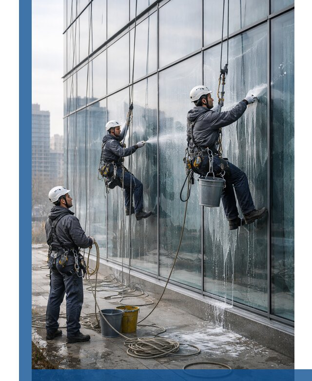 Промышленная мойка панорамных окон на высоте в Тихвине