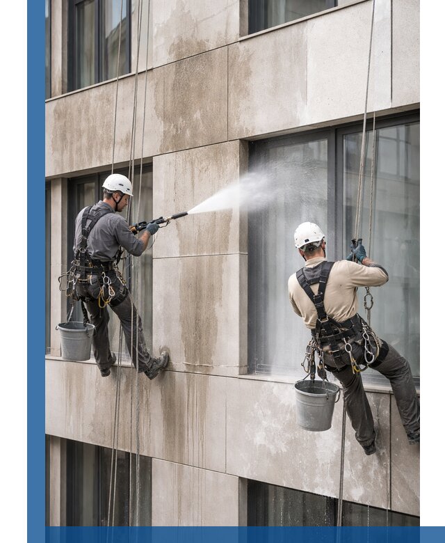 Послестроительная мойка фасада промышленным альпинизмом в Тихвине