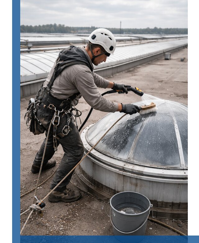 Мойка зенитных фонарей на кровле для промышленных объектов в Тихвине