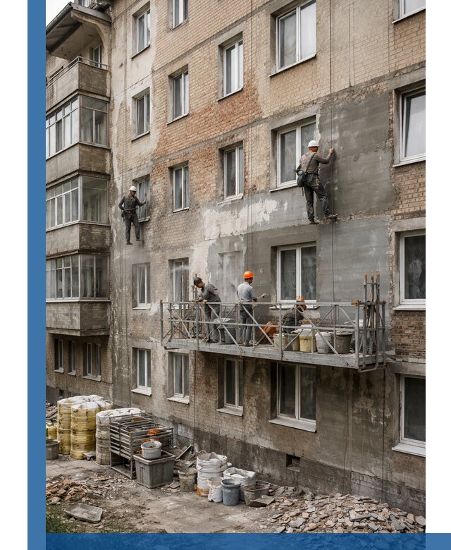 Капитальный ремонт фасада в Тихвине с восстановлением и гидроизоляцией