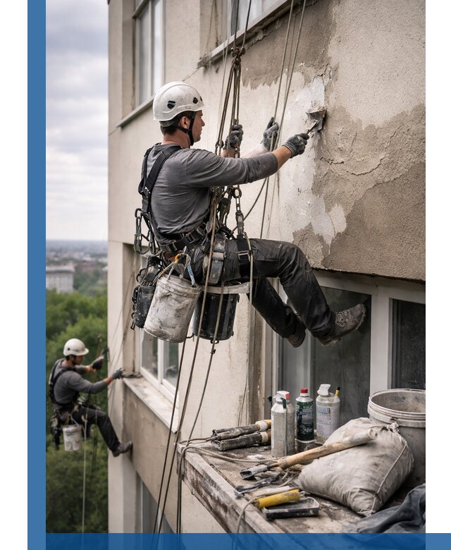 Косметический ремонт фасада зданий в Тихвине промышленными альпинистами