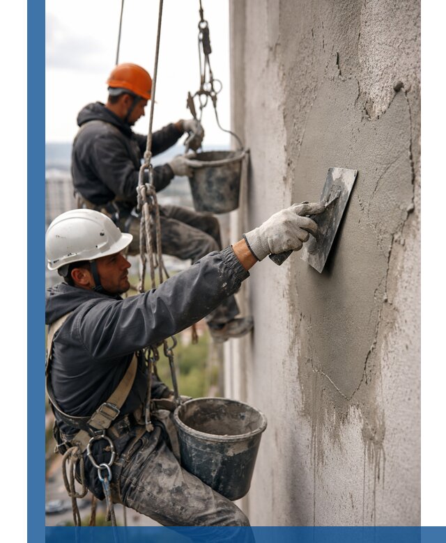 Штукатурка фасада на высоте в Тихвине профессиональные работы