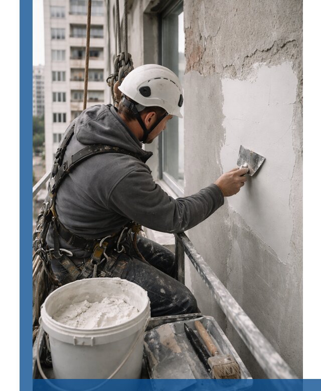 Шпаклевка фасадов на высоте с промальпинистами в Тихвине