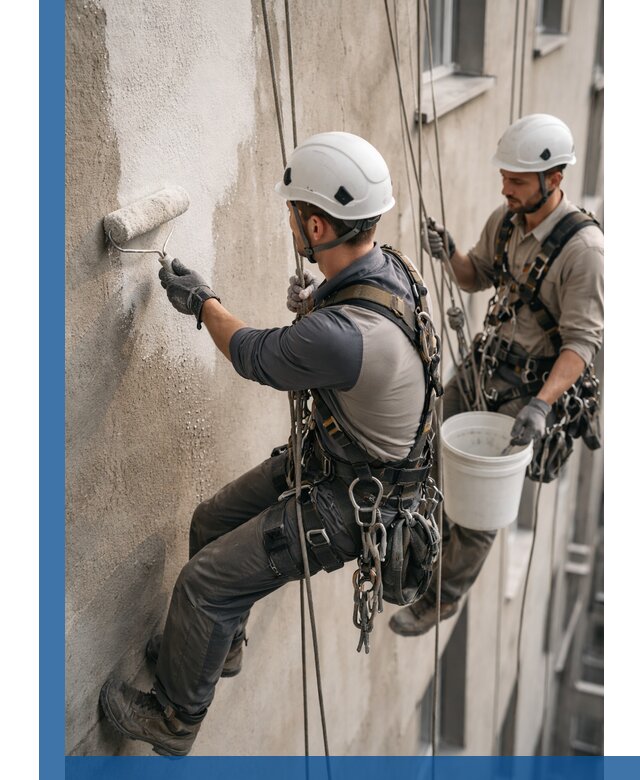 Грунтовка фасада на высоте в Тихвине промышленными альпинистами