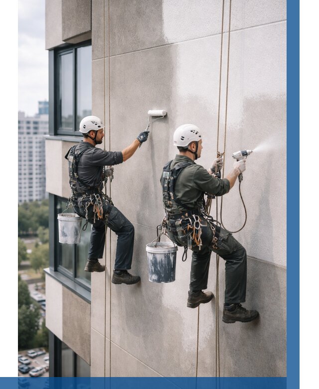 Покраска фасада альпинистами в Тихвине от 328 р. | ВЫСОТНИК-Тхв