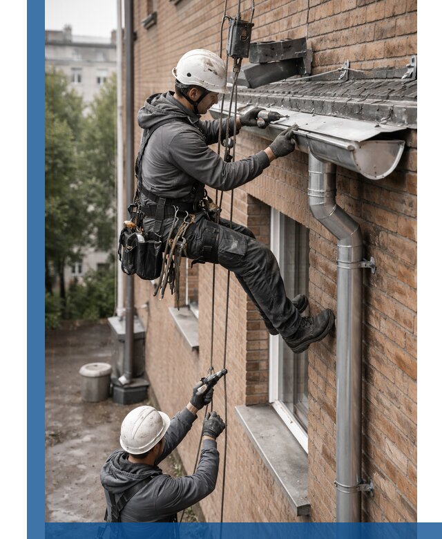 Монтаж водосточной системы на здании в Тихвине под ключ