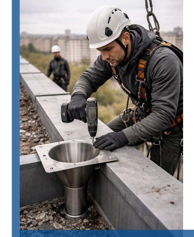 Монтаж водосточных воронок в Тихвине для промышленных зданий