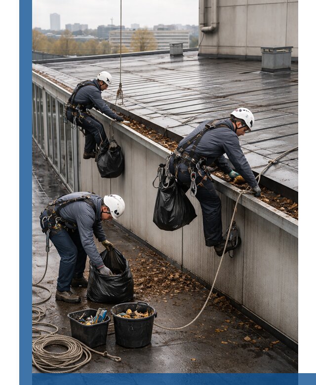 Очистка кровли по периметру в Тихвине силами промышленных альпинистов