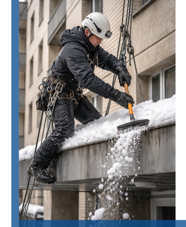 Очистка козырьков от снега в Тихвине круглогодично безопасно