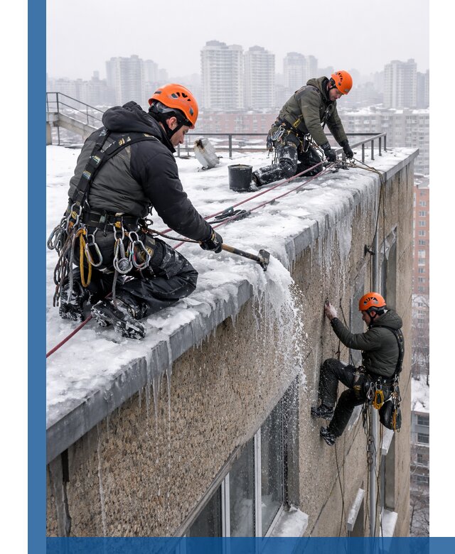 Удаление наледи с кровли в Тихвине промышленными альпинистами
