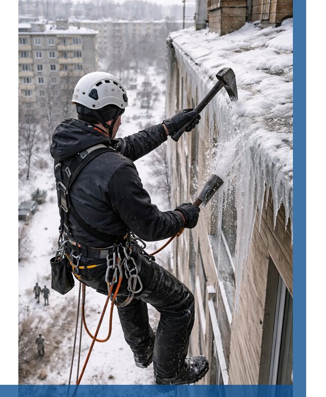 Сбивание сосулек с крыши в Тихвине по цене от 4918 р. | ВЫСОТНИК-Тхв