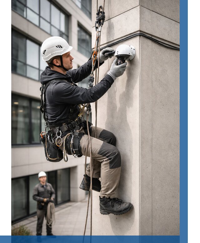 Монтаж камер видеонаблюдения на фасаде в Тихвине от 9289 р.-ВЫСОТНИК-Тхв