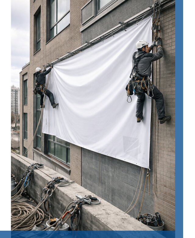 Монтаж баннеров на фасаде в Тихвине от 710 р. заказать ВЫСОТНИК-Тхв