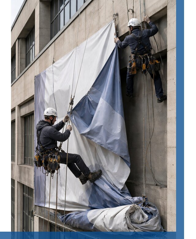 Демонтаж баннеров с фасада в Тихвине от 4918 р. | ВЫСОТНИК-Тхв