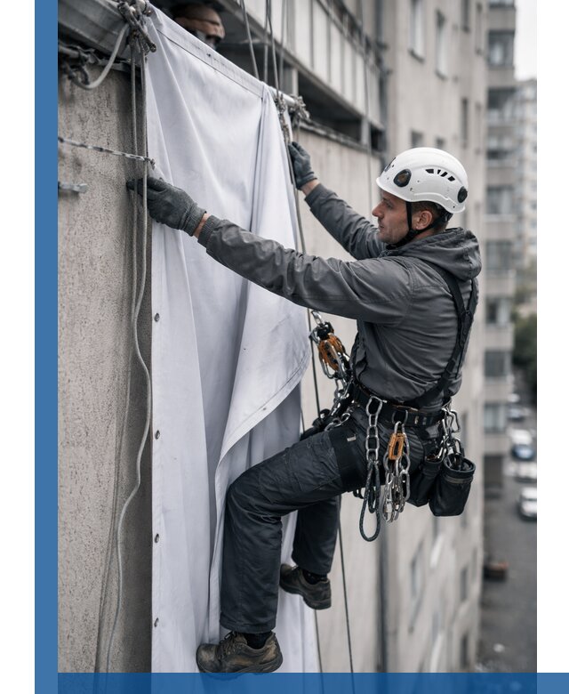 Замена баннерного полотна промышленными альпинистами в Тихвине
