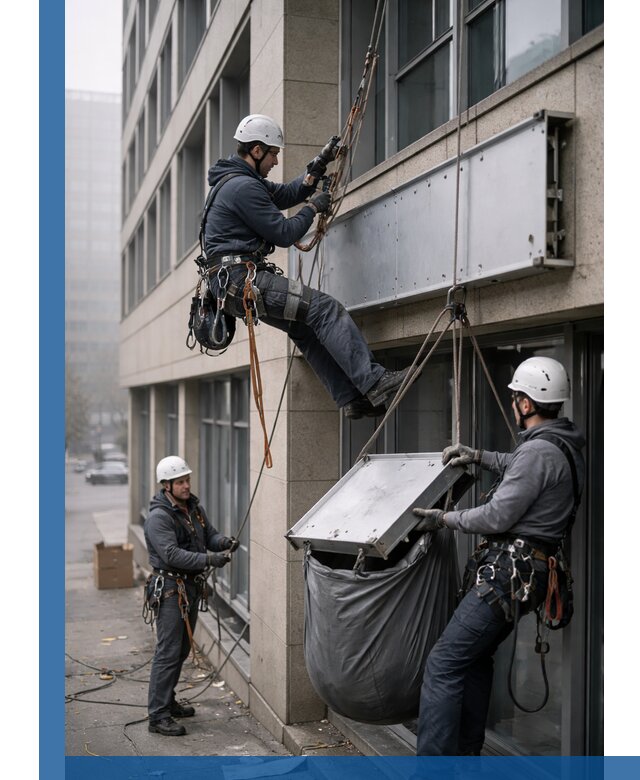 Демонтаж рекламной вывески с высотными работами в Тихвине