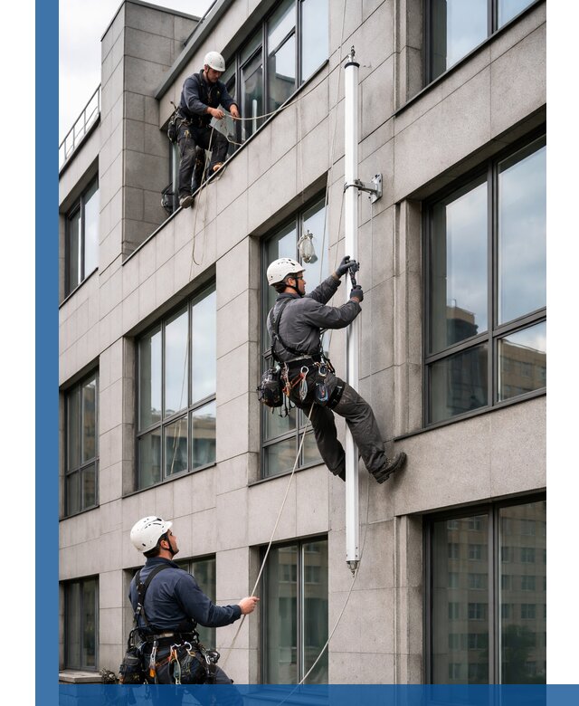 Монтаж флагштока на фасаде здания с креплением и герметикой в Тихвине
