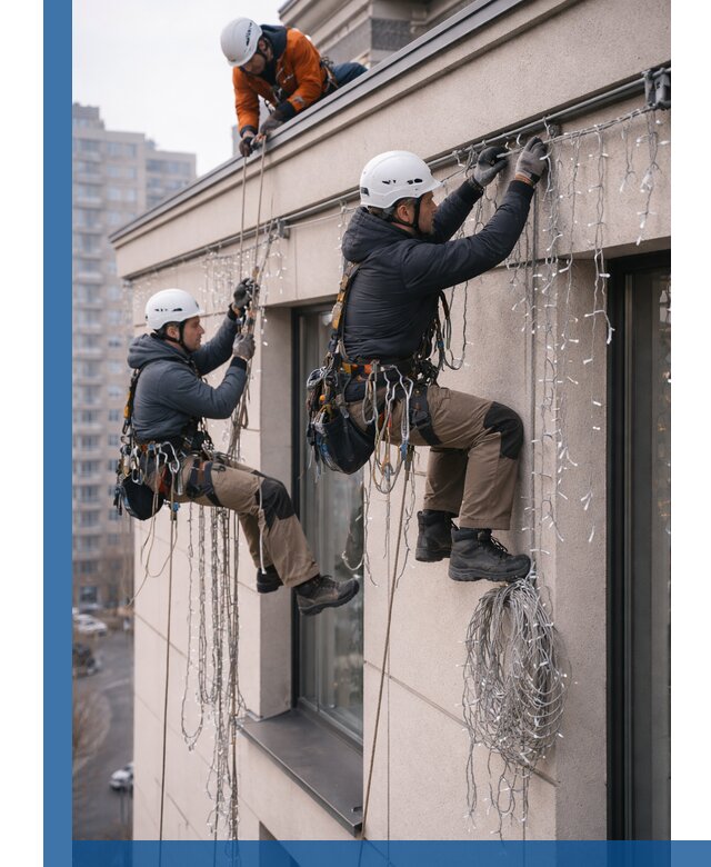 Монтаж праздничных гирлянд на фасаде в Тихвине для зданий