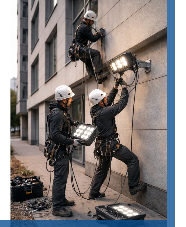 Монтаж прожекторов на фасаде в Тихвине от 8196 р. | ВЫСОТНИК-Тхв