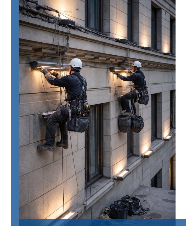 Монтаж архитектурной подсветки фасадов зданий в Тихвине