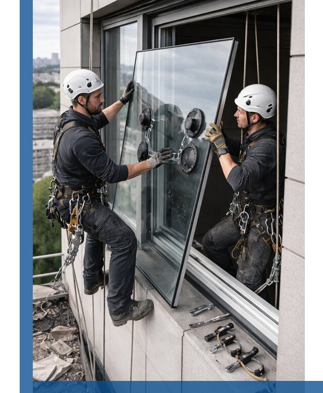 Замена стеклопакетов на высоте с промышленными альпинистами в Тихвине