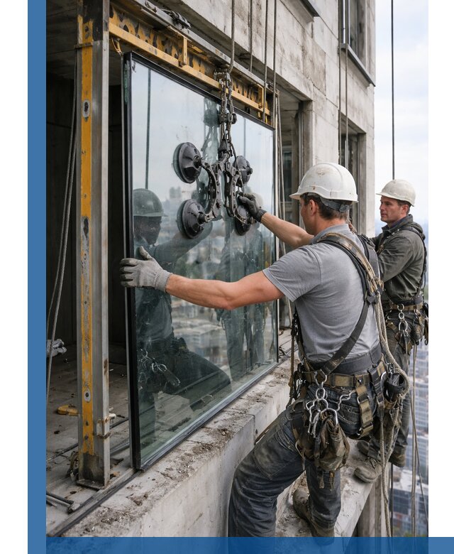 Монтаж стеклопакетов на высоте в Тихвине с промышленным альпинизмом