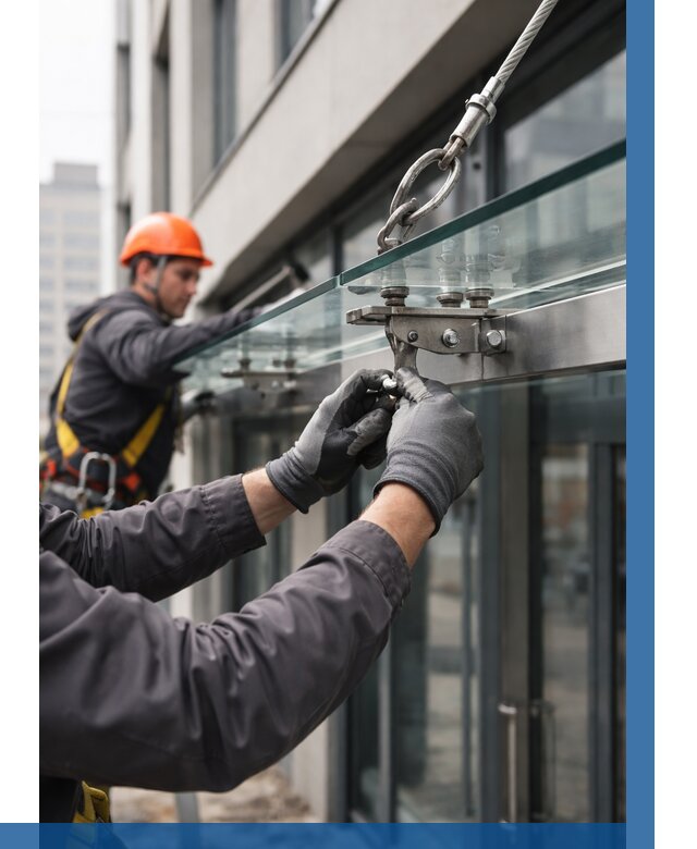 Монтаж стеклянных козырьков в Тихвине от 9289 р. | ВЫСОТНИК-Тхв