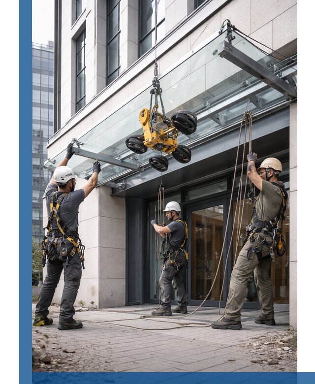 Монтаж стеклянных козырьков под ключ в Тихвине для зданий