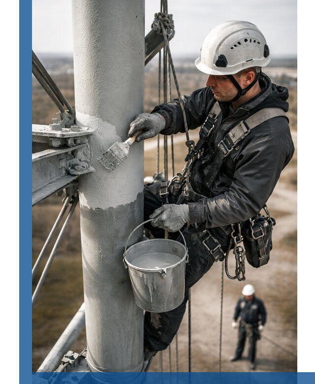 Покраска мачт связи в Тихвине промышленными альпинистами