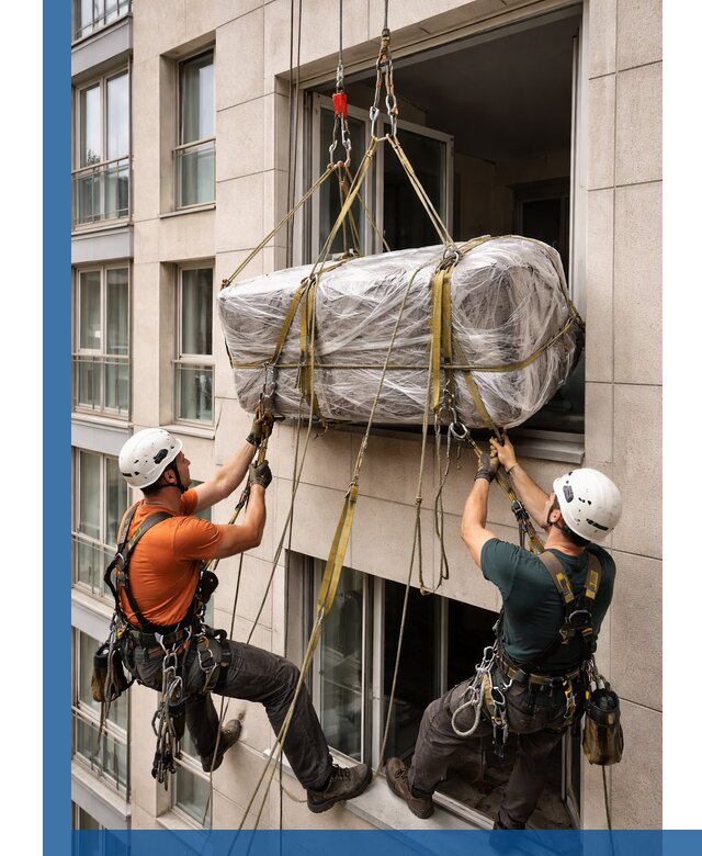 Подъем грузов через окно в Тихвине промышленными альпинистами