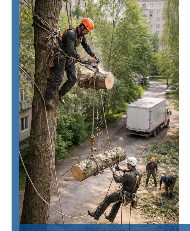 Спил деревьев альпинистами в Тихвине, безопасно и без повреждений