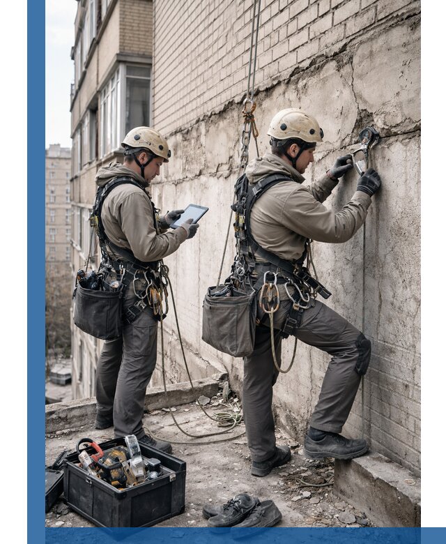 Обследование фасада промышленными альпинистами в Тихвине